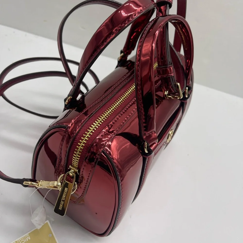 MICHAEL KORS Jet Set Sm Metallic Convertible Crossbody Duffle XBODY Cherry NWT